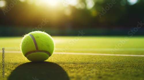 Closeup of tennis ball on empty court. Tennis match on sunny day. Concept of a sporty lifestyle. Generative AI © AngrySun