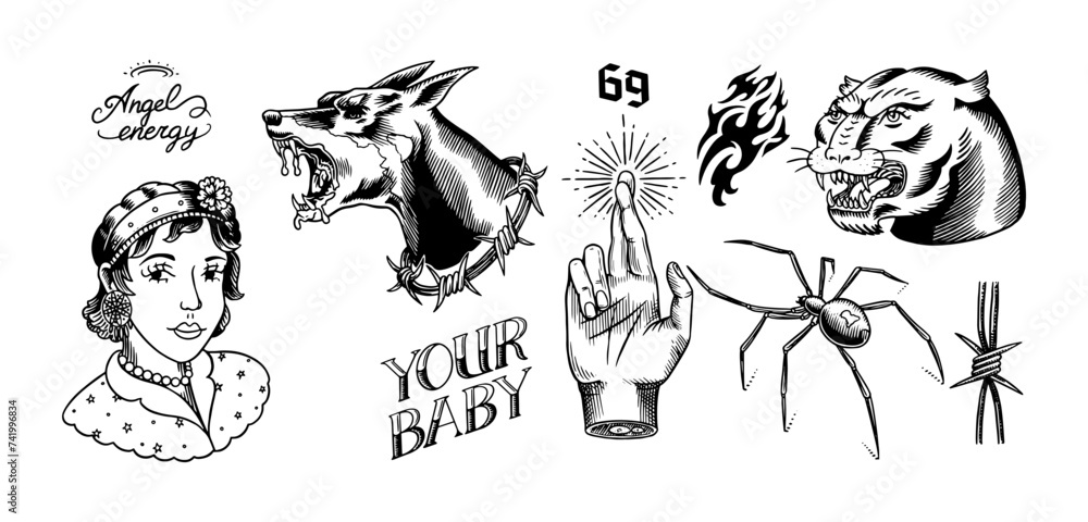 Old school Tattoo stickers set. Hope gesture, panther and spider. Woman and Doberman dog logo. Engraved hand drawn vintage retro sketch for notebook or logo.