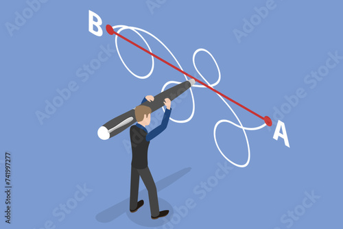 3D Isometric Flat Vector Illustration of From Point A to Point B, Straight and Complicated Path