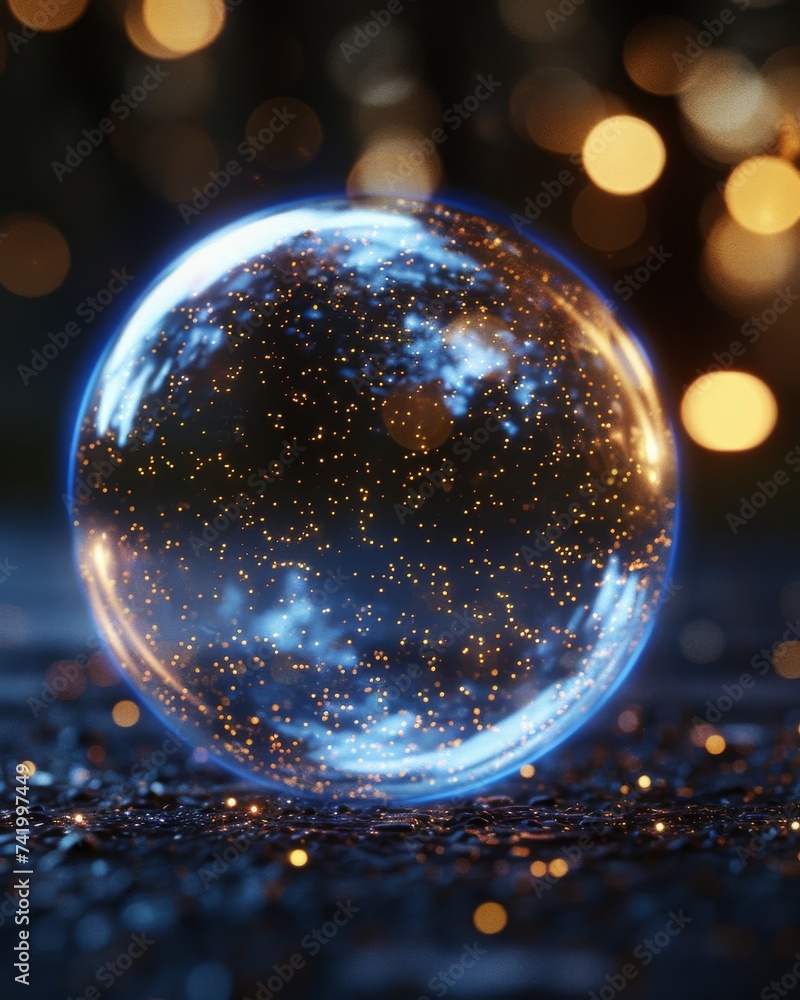 Crystal Sphere Reflecting Galaxy on Bokeh Background Crystal Sphere Reflecting Galaxy on Bokeh Background