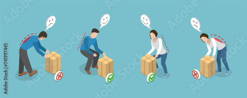 3D Isometric Flat Vector Illustration of Posture While Weight Lifting, Correct and Incorrect Human Poses