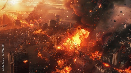 Elaborate destruction of a fictional city including fires, explosions, sinkholes, and a train derailment. Reflective of war, natural disasters fire, nuclear accidents, terrorism, or meteorite impact