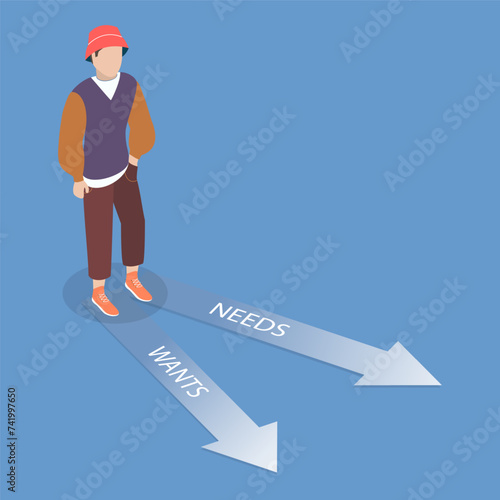 3D Isometric Flat Vector Illustration of Need Vs Want, Internal Conflict