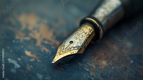 Extreme close-up of a fountain pen and signature, emphasizing selective focus with critical sharpness on the tip of the pen nib photo