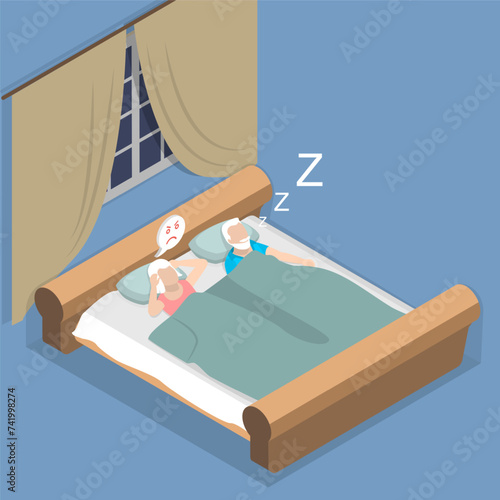 3D Isometric Flat Vector Illustration of Snore At Night Sleep, Respiratory Problem Symptoms