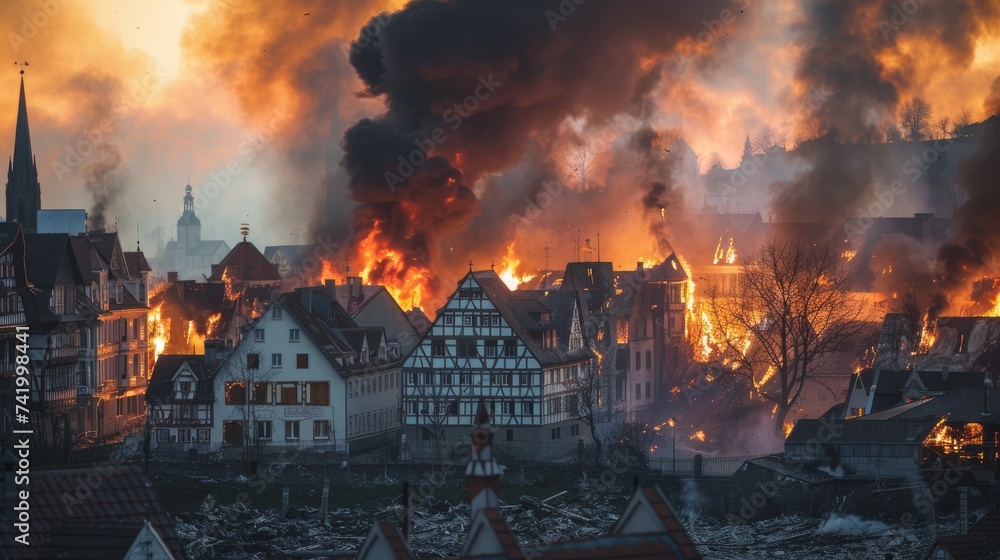 A European town devastated by a fire disaster - obrazy, fototapety, plakaty 