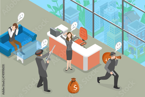 3D Isometric Flat Vector Illustration of Bank Robbery, Stealing Money from Financial Institution
