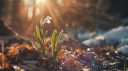 The garden adorned with the first spring flowers, snowdrops, basking in sunlight photo