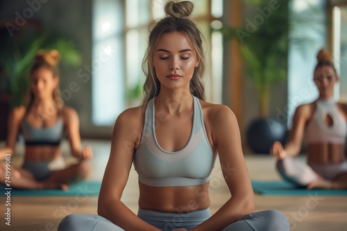 Women practicing lord of the fishes pose of yoga on mat in modern light fitness room © Тамара Печеная