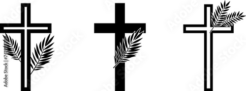 Cross symbol set.Vector christian cross icon.Religion sign.Simple line catholic sign.Palm leaf with a cross. Palm Sunday symbol.