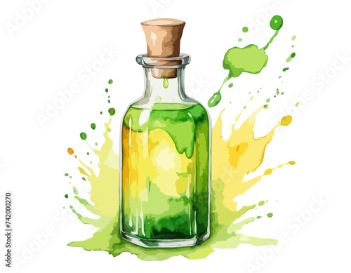 Yellow and green isolated magic potion bottle. Hand drawn watercolor alchemy. Occultism and witchcraft drink. Love elixir chemistry. Aura testing 
