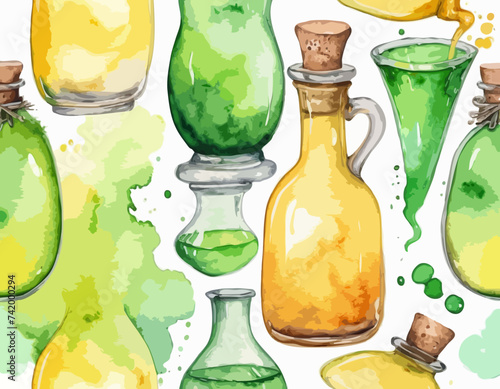 Yellow and green isolated magic potion bottle. Hand drawn watercolor alchemy. Occultism and witchcraft drink. Love elixir chemistry. Aura testing 
