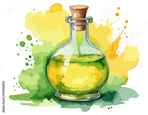 Yellow and green isolated magic potion bottle. Hand drawn watercolor alchemy. Occultism and witchcraft drink. Love elixir chemistry. Aura testing 

