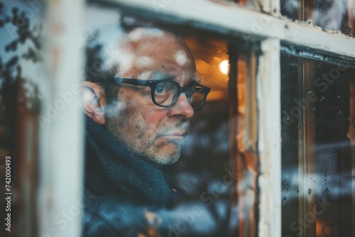 A contemplative man with a rugged beard gazes out the window of a bustling city street, his reflection in the glass mirroring the complexities of the world beyond