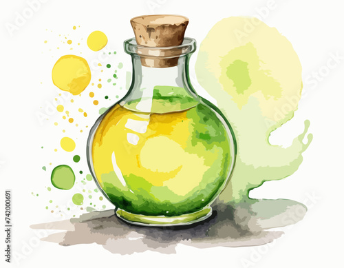 Yellow and green isolated magic potion bottle. Hand drawn watercolor alchemy. Occultism and witchcraft drink. Love elixir chemistry. Aura testing 
