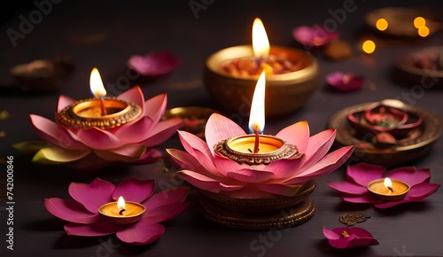 Generative AI candles and flowers Lotus flowers and diyas oil lamps   