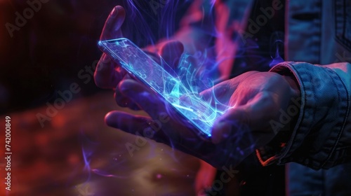 A male hand and a modern smartphone displaying a holographic contract. This represents the concept of electronic signatures, business, and remote collaboration. Mixed media with copy space photo