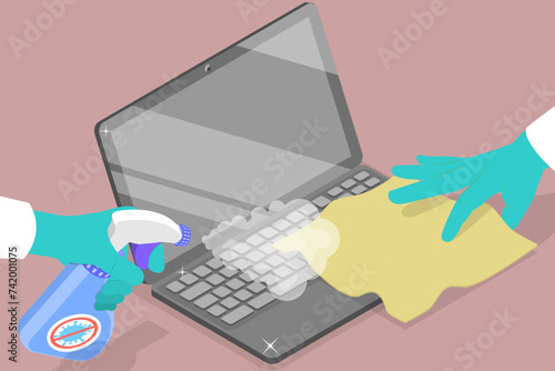 3D Isometric Flat Vector Illustration of Disinfection Of A Computer, Home Hygiene