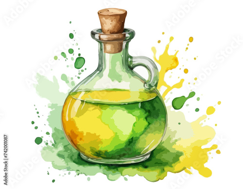 Yellow and green isolated magic potion bottle. Hand drawn watercolor alchemy. Occultism and witchcraft drink. Love elixir chemistry. Aura testing 
