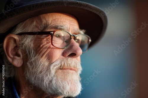 A stylish man with a distinguished beard and glasses gazes confidently at the camera, his sun hat adding a touch of sophistication to his overall look