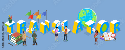3D Isometric Flat Vector Illustration of Multilanguage Translator Service, Translation App