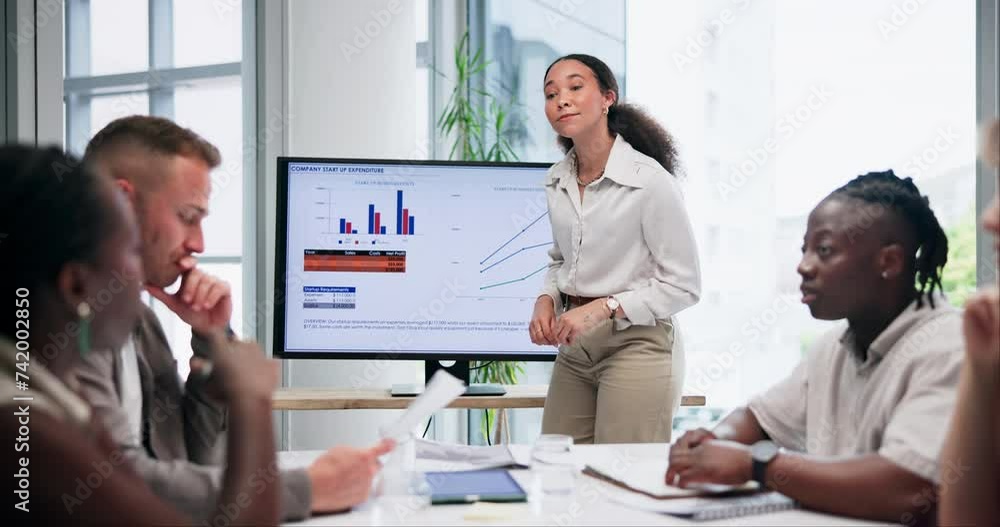 Businesswoman, question or screen for charts presentation or data analysis with hands up of growth graphs. Infographics, financial statistics or female speaker coaching on monitor ideas in meeting