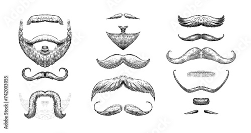 A set of moustache and beards on a white background. Hipster and retro barber or hairdresser. Engraved hand drawn in old sketch, vintage style for packaging and signage.