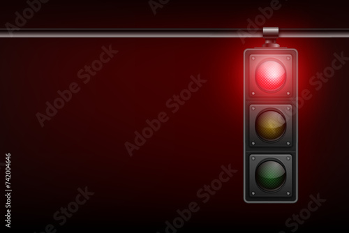 Vector Realistic Banner with Hanging Traffic Light with Glowing Red Prohibiting Signal Isolated on Black Background
