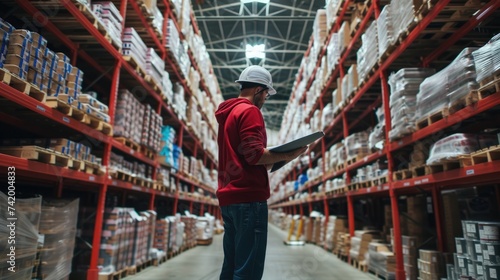 A man is in a retail building, observing a tablet while surrounded by shelves, shelving units, and publications. AIG41