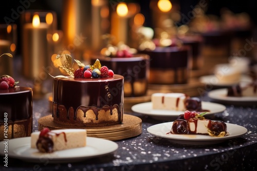 A dessert buffet at a luxury event  featuring an extravagant chocolate ganache cake