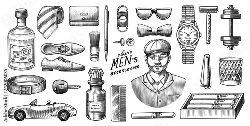 A Man Surrounded By Men 's Accessories. Gentleman, hipster or businessman, victorian era. watches and cigars, whiskey and clothes, razor and perfume, boots and glasses. Engraved hand drawn vintage. 