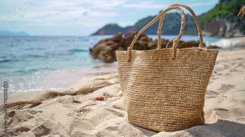 A charming straw beach bag placed on a sandy beach