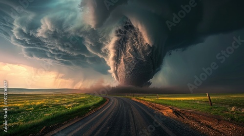 A powerful tornado cutting through a stormy landscape along a road