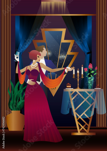 Man and woman dancing on the background of a window and lanterns, party, art deco, couple in retro style