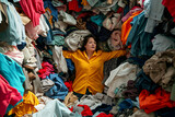 A woman is overwhelmed with a pile of clothes. Overconsumption problem concept