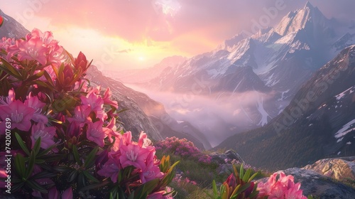 A spring mountain landscape featuring the morning sun and a blooming rhododendron flower © Orxan