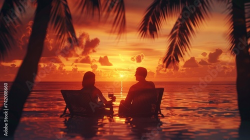 Back view of a romantic couple enjoying beautiful sunset at tropical vacation photo