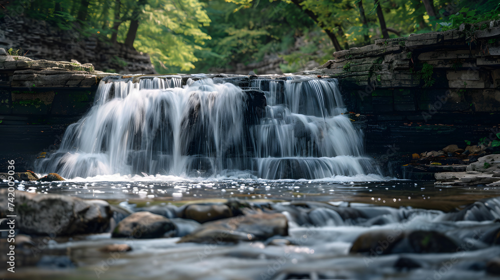 Fototapeta premium A waterfall with silky smooth water. The waterfall large, The water clear, The scene surrounded by trees, The waterfall in the foreground with the water in the background.