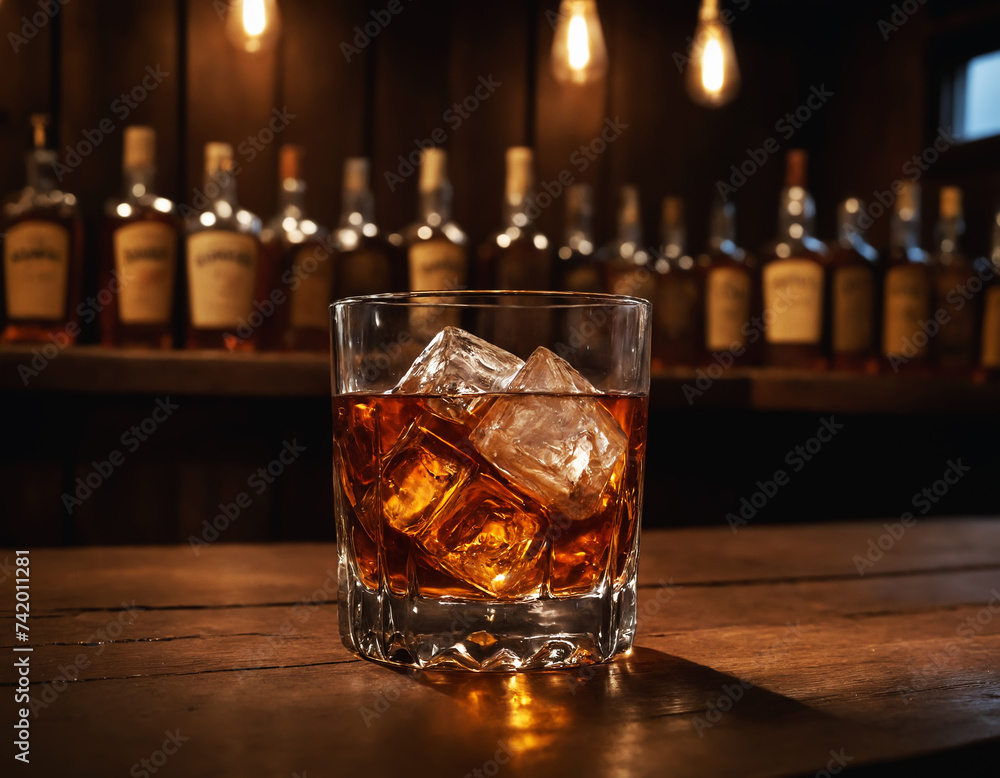 crystal glass of whiskey with ice close-up on an old wooden table. crystal glass of whiskey with ice close-up on an old wooden table.