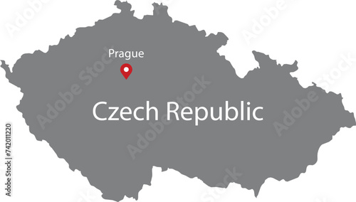 Gray Map of Czech Republic with location marker of the capital and inscription of the name of the country and the capital inside map