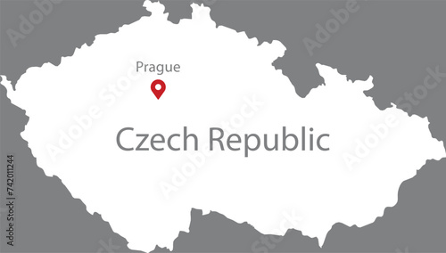 White Map of Czech Republic with location marker of the capital and inscription of the name of the country and the capital inside map on gray background