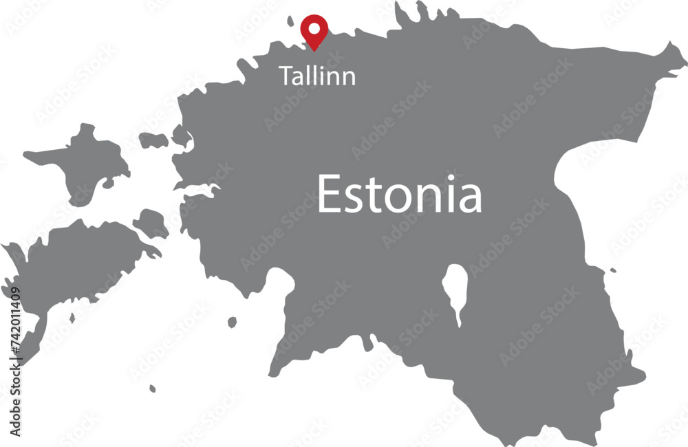 Obraz premium Gray Map of Estonia with location marker of the capital and inscription of the name of the country and the capital inside map