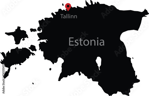 Black Map of Estonia with location marker of the capital and inscription of the name of the country and the capital inside map