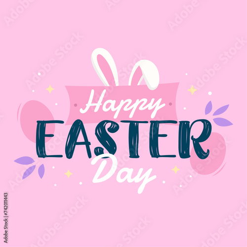 Happy Easter Day square template with lettering. Hand-drawn cute and colorful greeting card with bunny ears and decorative elements. Vector illustration.