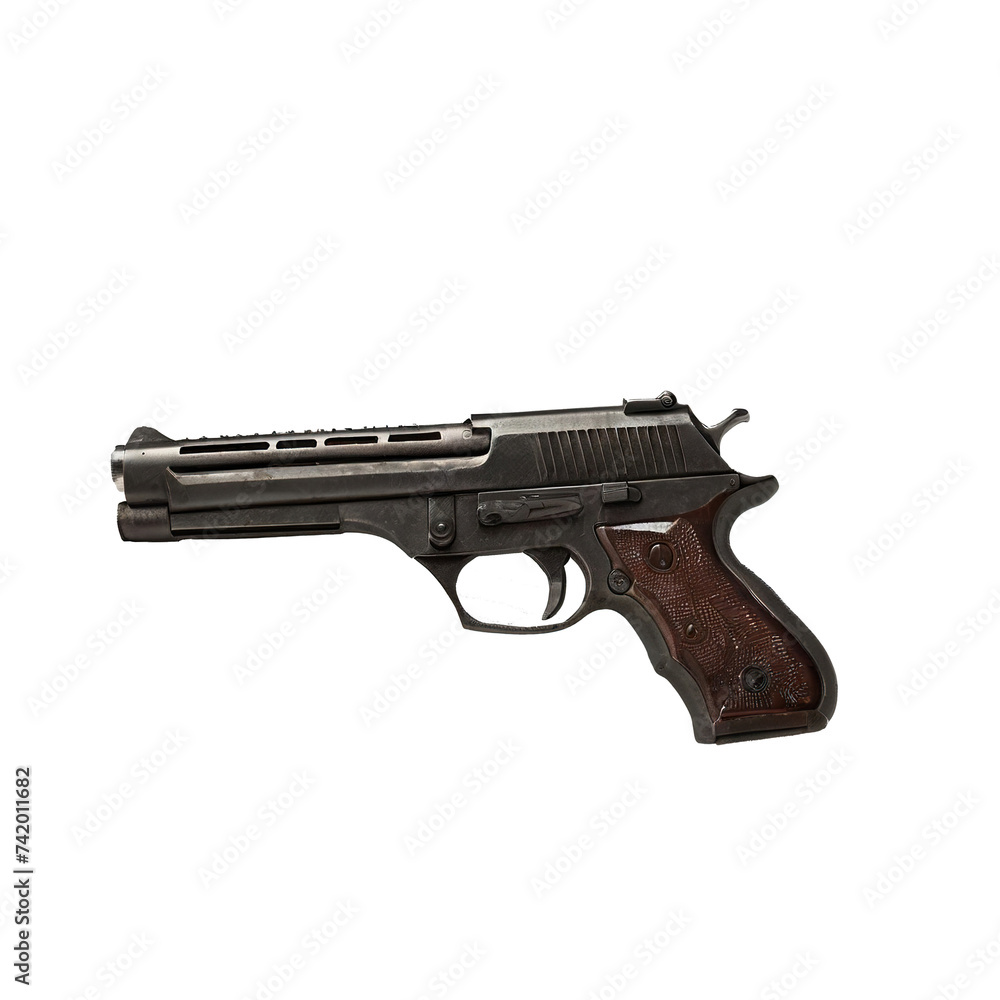 pistol and bullets clipping path isolated on white background
