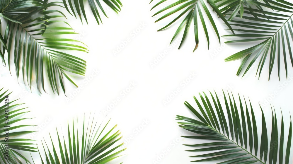Traveler accessories and tropical palm leaf branches on white background with space for text. Conveys travel vacation concept