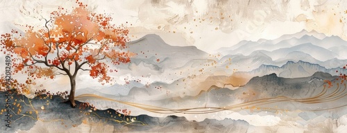 Modern Minimalist Watercolor Wallpaper: Abstract Landscape in Earth Tones with Pops of Metallic Highlights