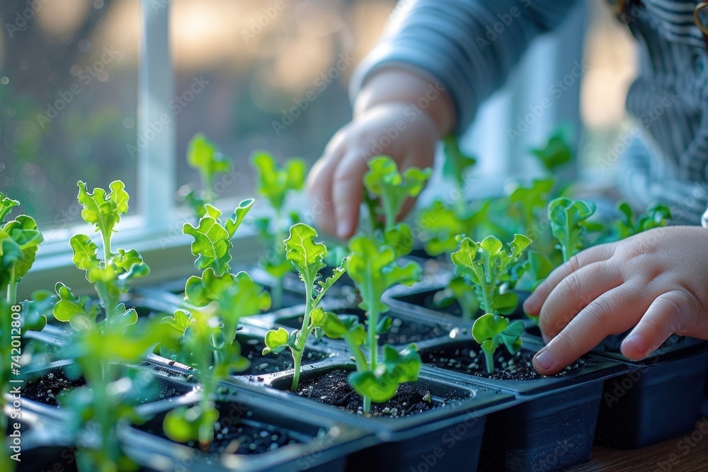 Child's hands tending to young lettuce seedlings in a windowsill garden. Child's hands tending to young lettuce seedlings in a windowsill garden.