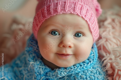 A cherubic newborn, swaddled in a cozy pink scarf and bonnet, gazes up with rosy cheeks and curious eyes, the perfect combination of warmth and cuteness