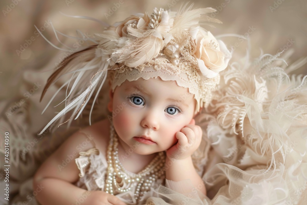 A stylish newborn girl adorns a fashionable hat and necklace, adding a touch of personality and charm to her already precious human face A stylish newborn girl adorns a fashionable hat and necklace, adding a touch of personality and charm to her already precious human face